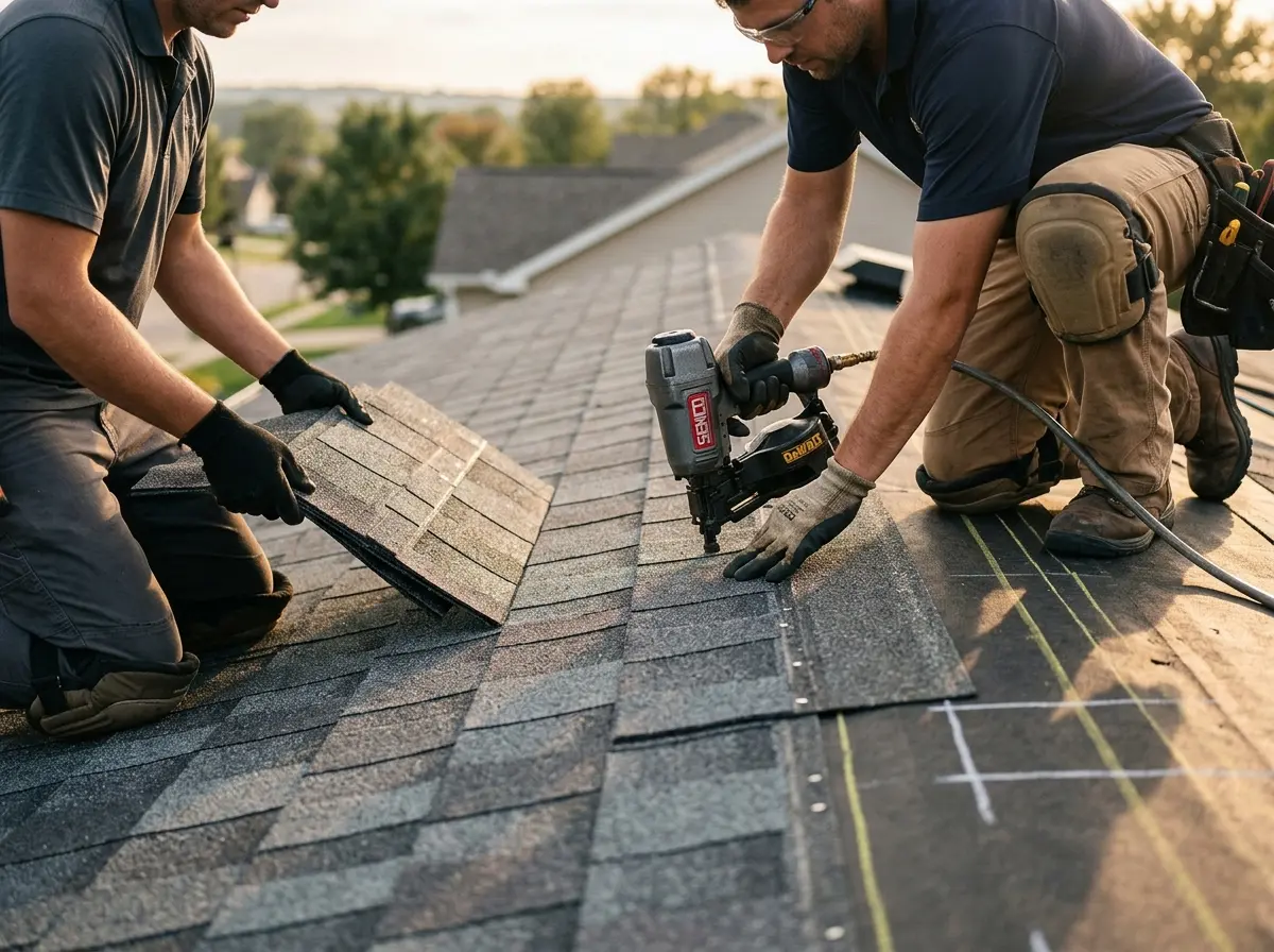 Professional roofer working on a residential roof in Fort Knox